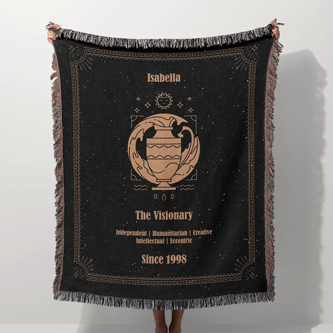 A custom blanket featuring an Aquarius zodiac design held up on a white background, showcasing a personalized name, date, and traits.