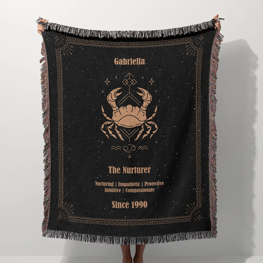 A custom blanket featuring a Cancer zodiac design held up on a white background, showcasing a personalized name, date, and traits.