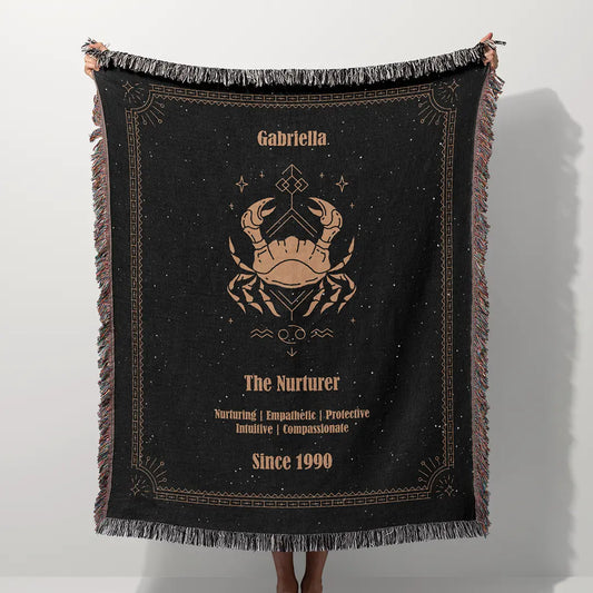 A custom blanket featuring a Cancer zodiac design held up on a white background, showcasing a personalized name, date, and traits.