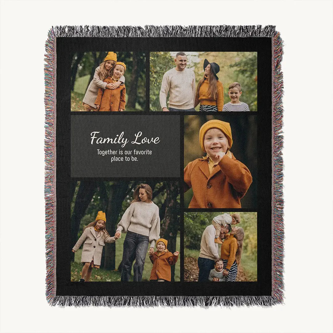 Custom woven photo blanket with colorful fringed edges shown on a plain white background.