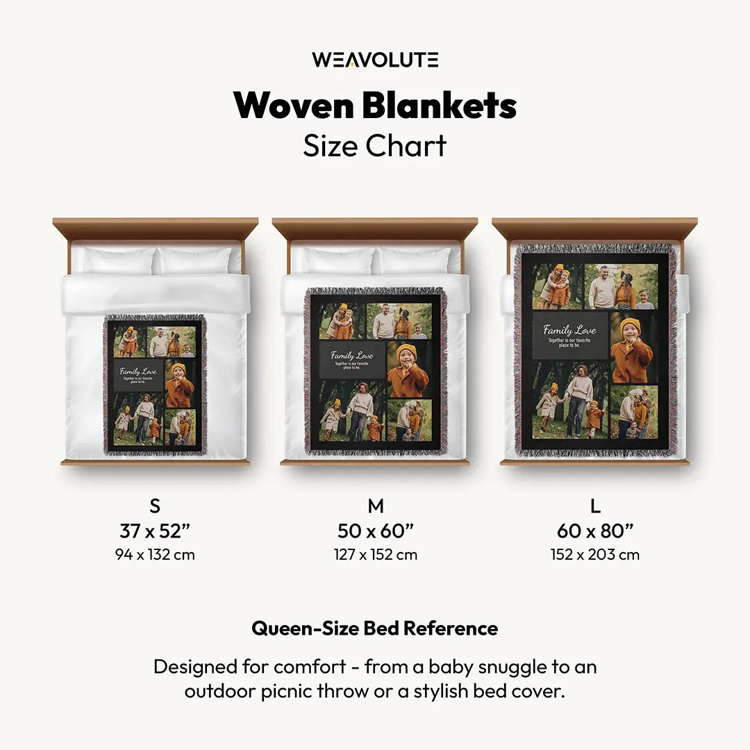 Size comparison of custom woven photo blankets in small, medium, and large on beds for scale.