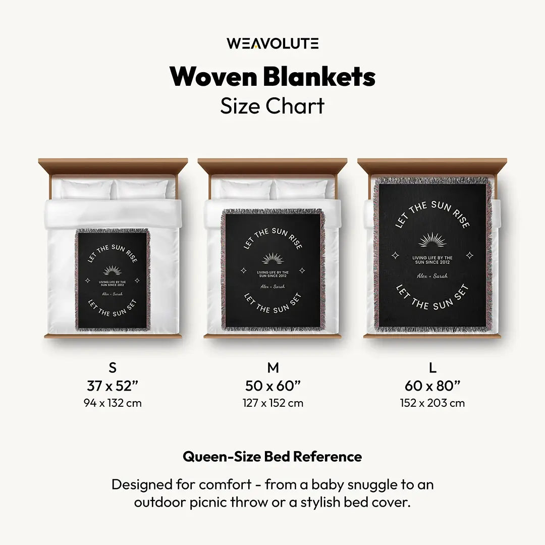 Size comparison chart of a custom woven cotton name blanket shown in small, medium, and large sizes on queen-sized beds.