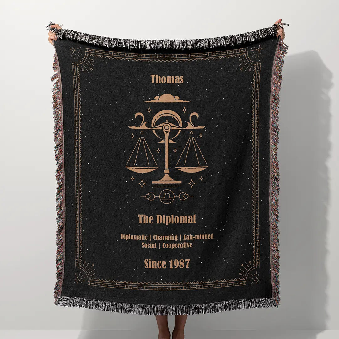 A custom blanket featuring a Libra zodiac design held up on a white background, showcasing a personalized name, date, and traits.