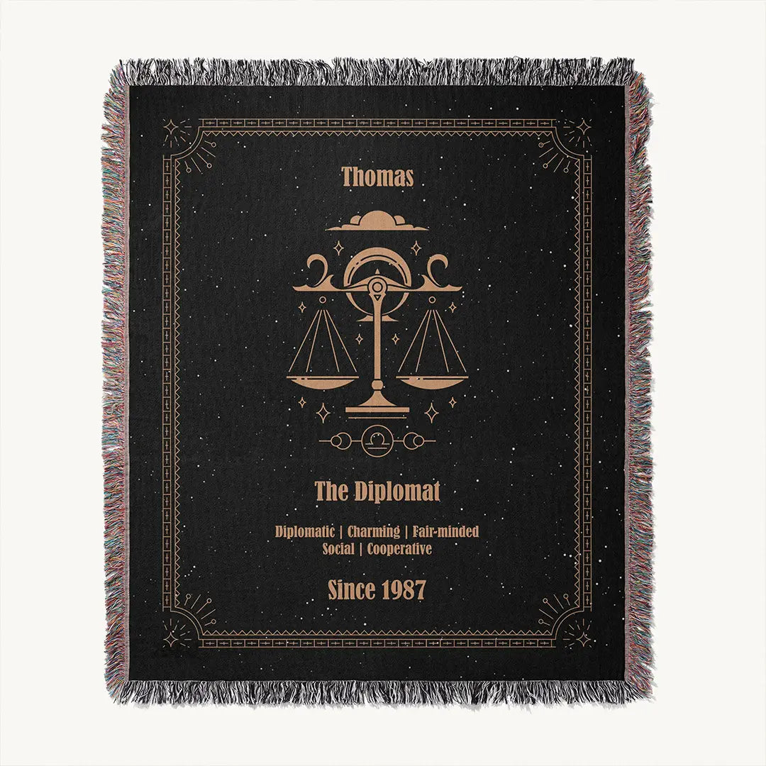 Flat-lay view of a Libra zodiac custom woven cotton blanket showing its full design and border details.