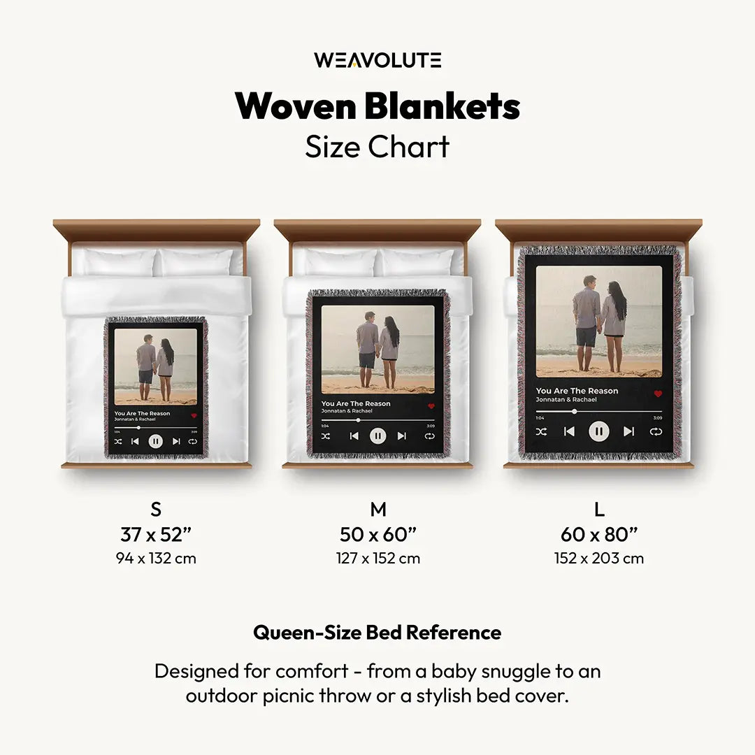 Personalized music player woven cotton blanket for couples displayed on different bed sizes for scale reference - small, medium, and large.