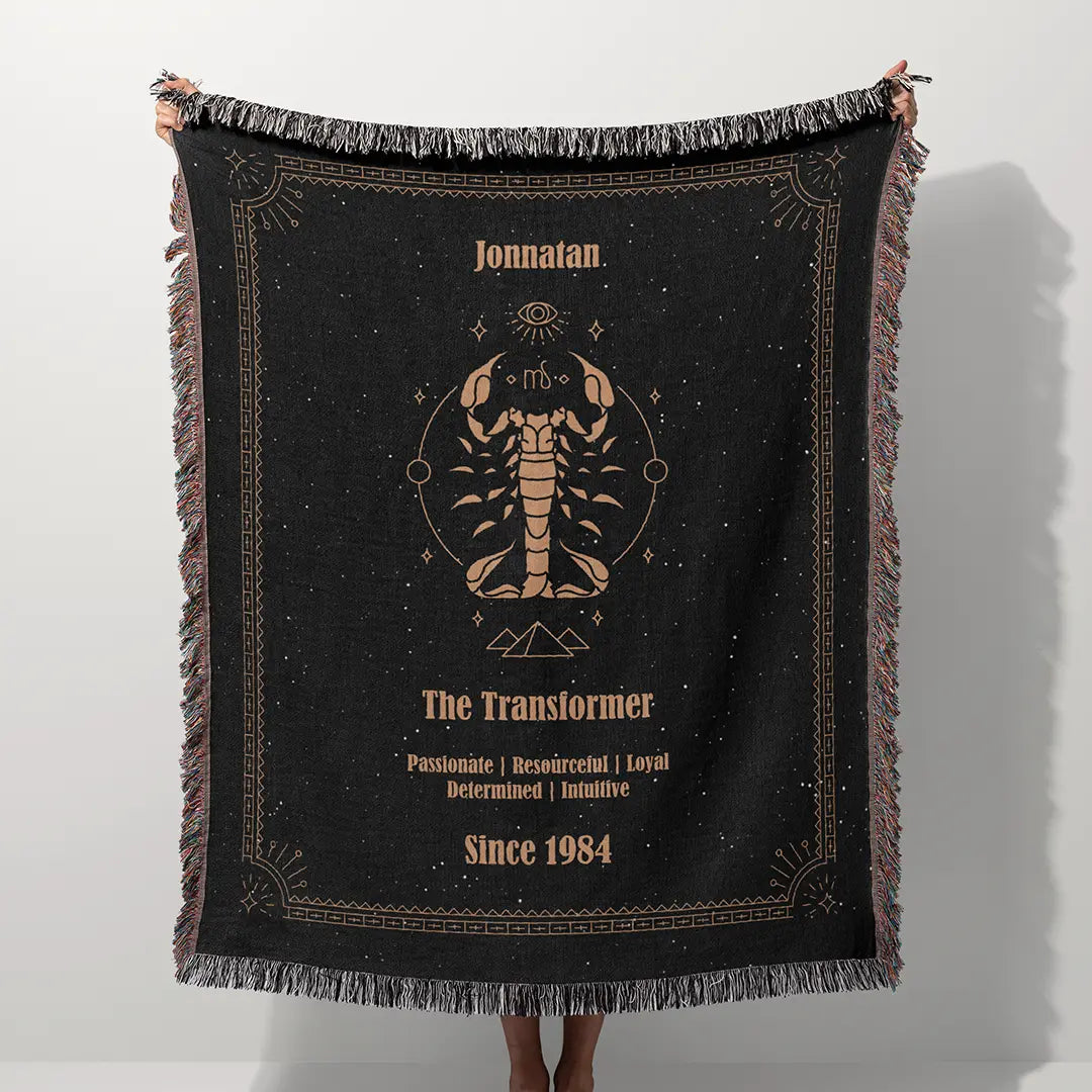 A custom blanket featuring a Scorpio zodiac design held up on a white background, showcasing a personalized name, date, and traits.