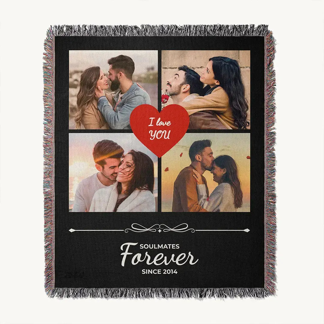 Personalized black woven photo cotton blanket for couples shown on a white background for design display.