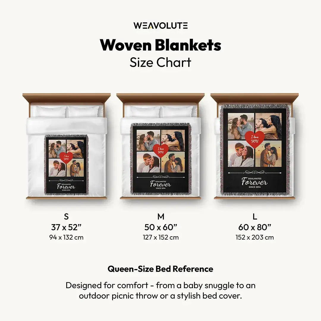 Personalized black woven photo cotton blanket for couples displayed in all three sizes (S, M, L) on queen-size beds for reference.