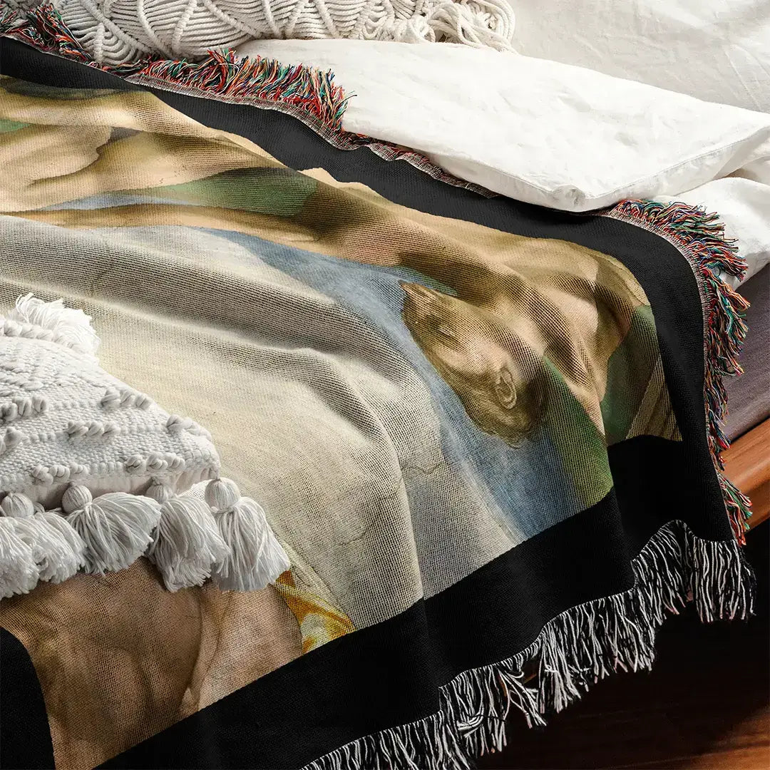 Close-up of a woven cotton blanket draped over a bed, featuring a section of Michelangelo's The Creation of Adam, with visible texture and fringe.