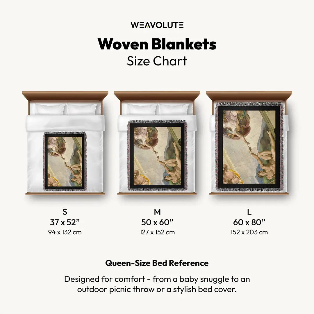 Size comparison of woven blankets (S, M, L) featuring The Creation of Adam by Michelangelo, shown on a queen-size bed with measurements in inches and centimeters.