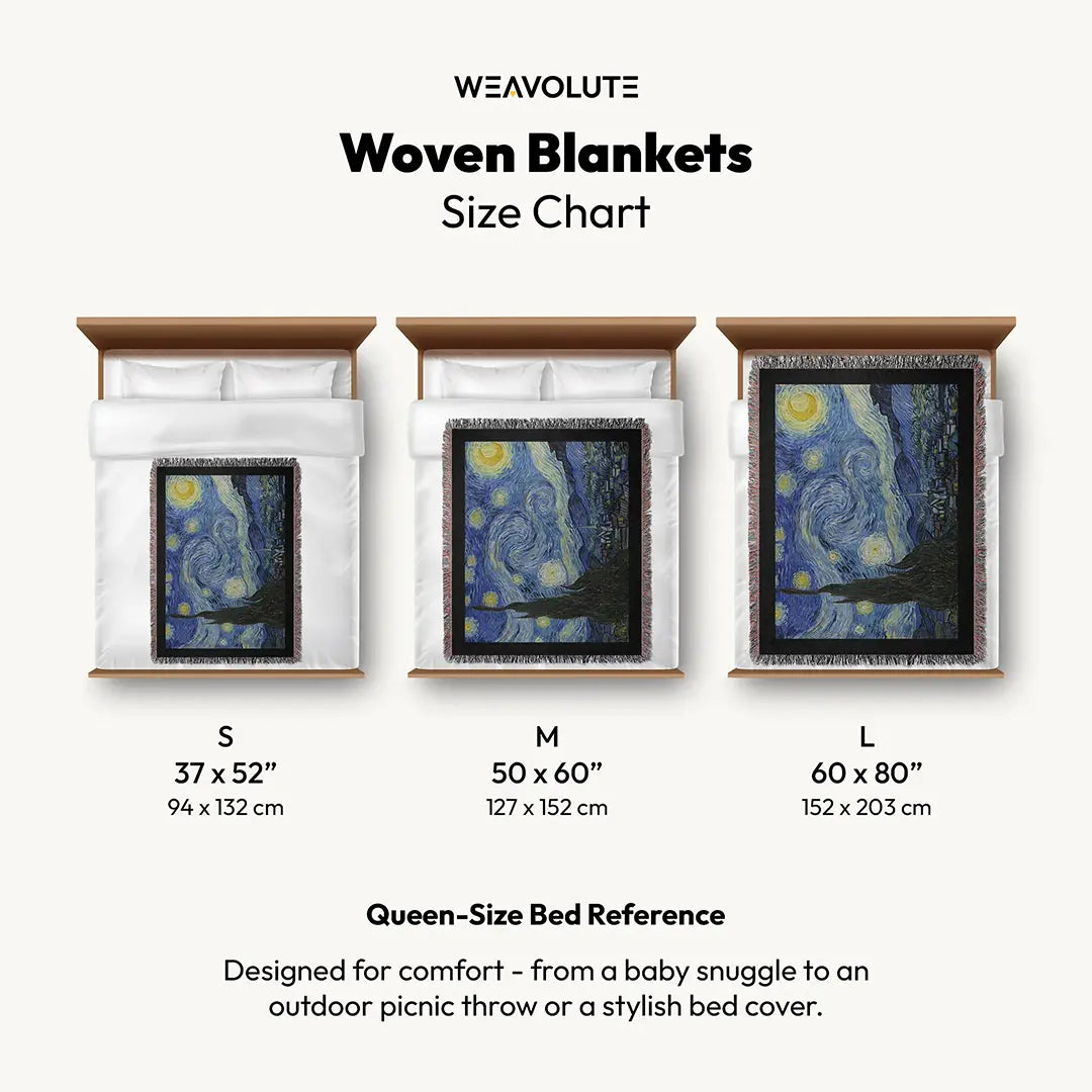 Size comparison chart of “The Starry Night” woven blanket in small, medium, and large sizes on queen beds, showing the placement and scale of the iconic design.