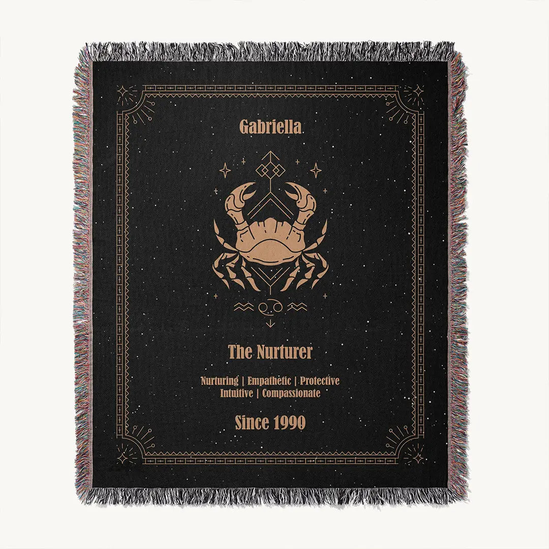 Custom woven cotton blanket displayed flat to show a full Cancer Zodiac design on a clean white background.