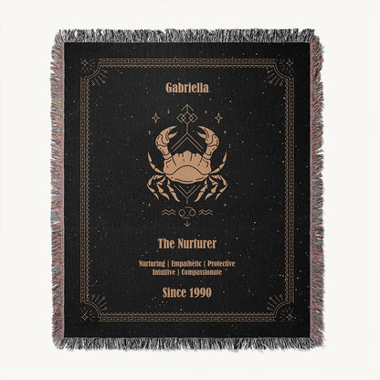 Custom woven cotton blanket displayed flat to show a full Cancer Zodiac design on a clean white background.