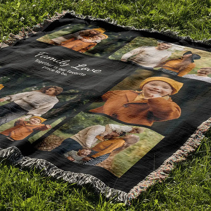 Personalized photo blanket with fringed edges spread out on green grass in natural daylight.