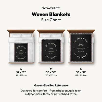 Size comparison chart of a custom woven cotton name blanket shown in small, medium, and large sizes on queen-sized beds.