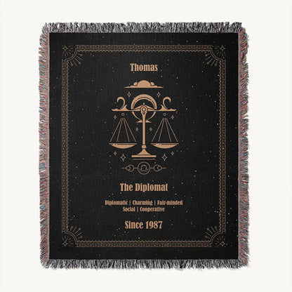 Flat-lay view of a Libra zodiac custom woven cotton blanket showing its full design and border details.