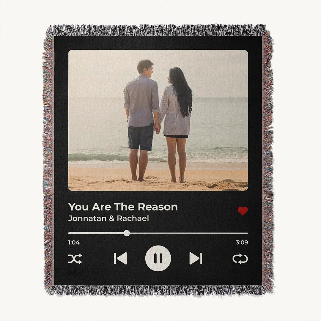 Personalized music player woven blanket for couples, laid flat, clearly showing the customized design and playback controls.