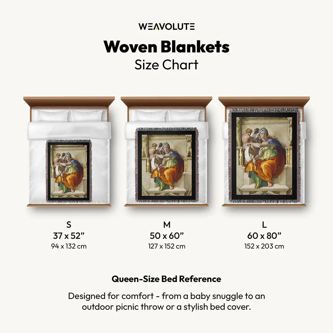 Size chart showing small, medium, and large versions of the "Delphic Sibyl" woven blanket on queen-size beds.
